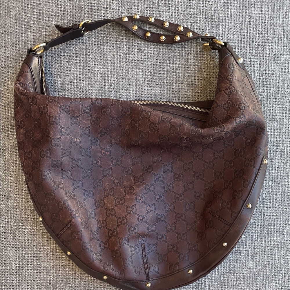 Gucci Dark Brown Monogram Hobo Bag with Gold Accents